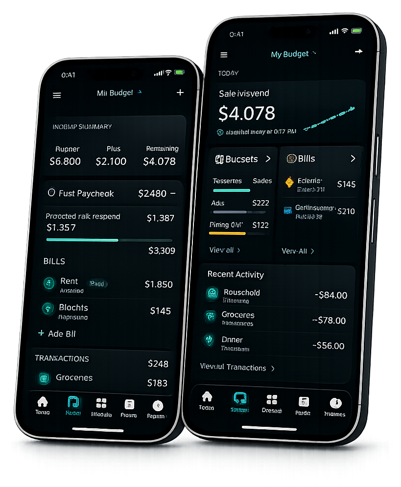PayTrackr budgeting screens shown on two iPhones